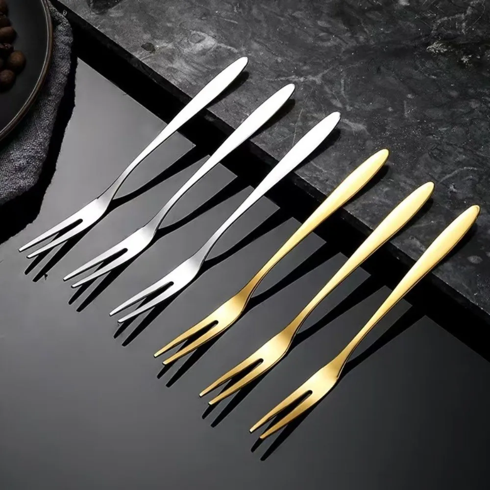 Stainless Steel Fruit Fork Tableware Two-tine Small Toothpick Long Handle Food Picks Small Fork Kitchen Accessories