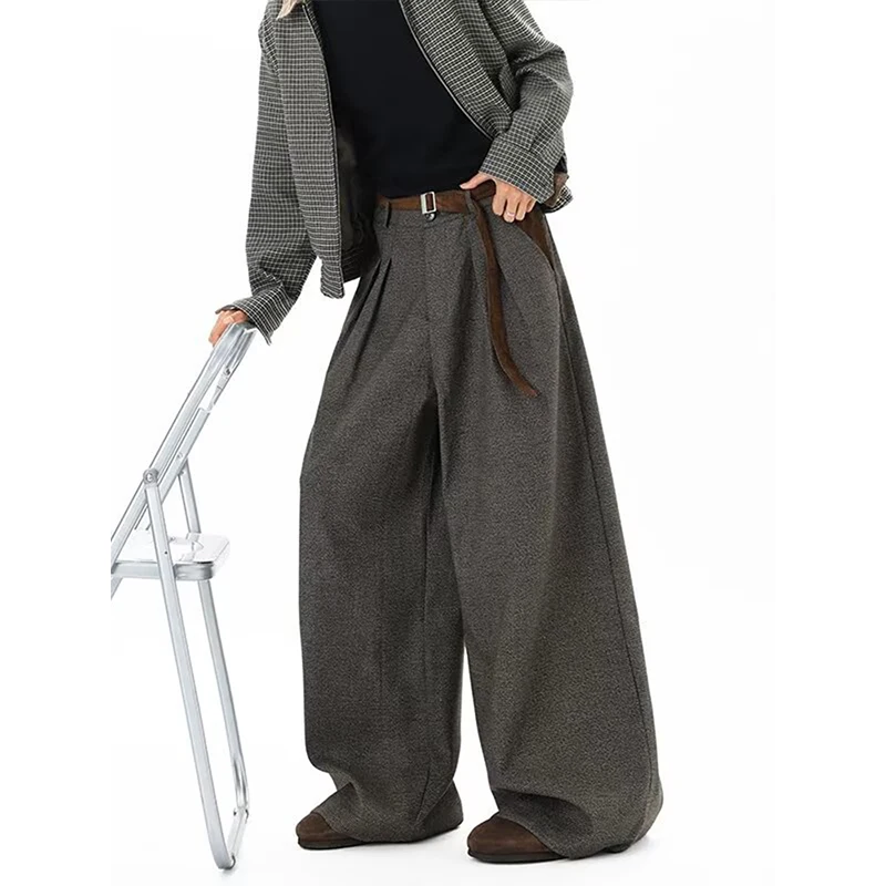  Autumn Winter Y2k Streetwear Brown Baggy Pants Men Button Wide Leg Suit Pants Cleanfit Straight Long Curved Trouser Loose Casu