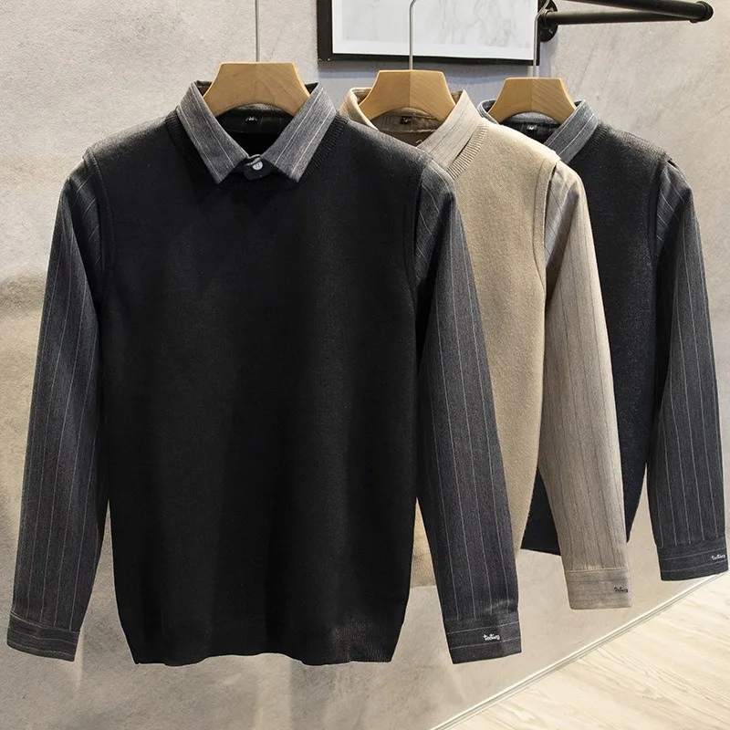 

Весенне-осенний мужской вязаный жилет с эффектом двухслойности, новинка 2026 года, модная повседневная рубашка с воротником, мужская одежда, мужской свитер
