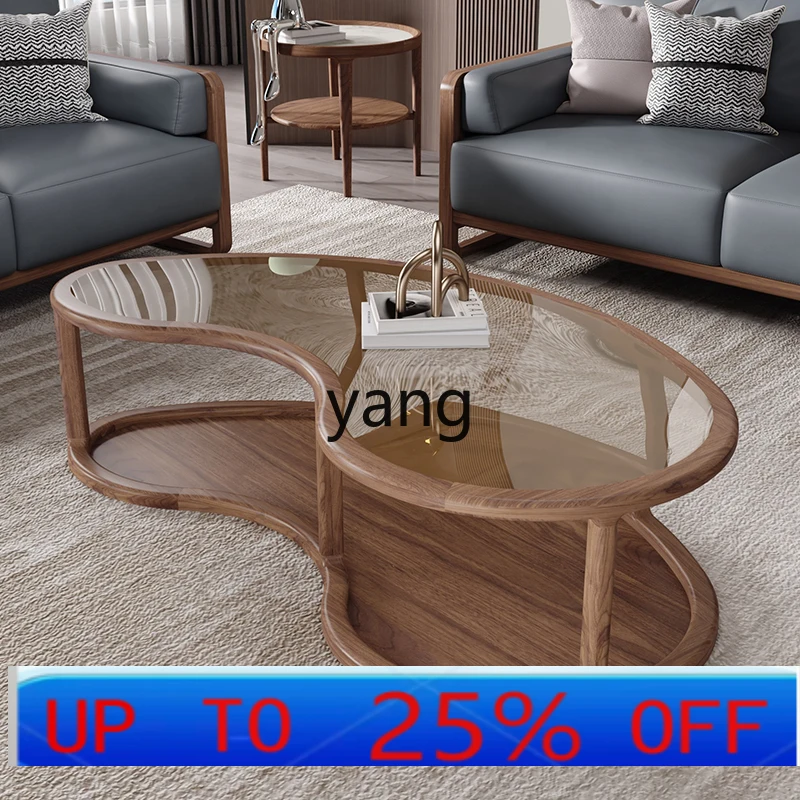 LMMModern Simple Round Solid Wood Coffee Table Glass Surface Oval Furniture