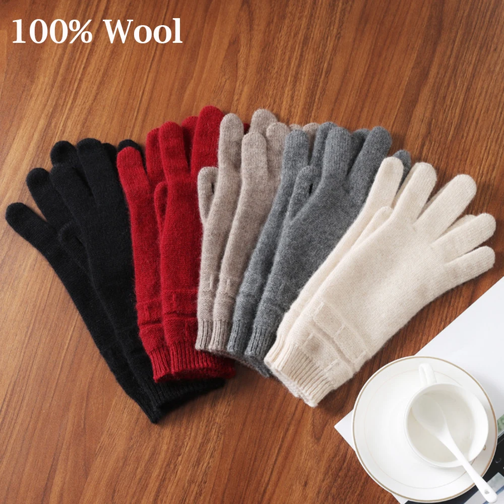 Women's 100% Wool Gloves 2026 Autumn Winter Warm Knitted Gloves Touch Touchable Screen Solid Color Gloves Classic Design Mittens
