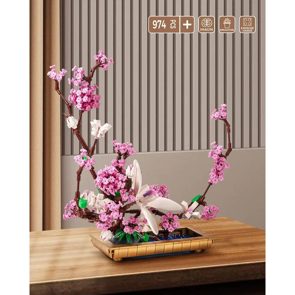 Juego de bloques de construcción de bonsái lila, modelo de ramo de flores de 974 piezas para adultos, regalo ideal para decoración del hogar o la oficina
