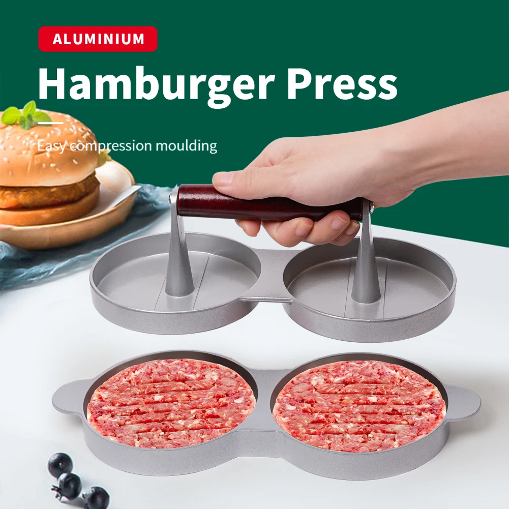 

Double Hamburger Press With Wooden Handle Aluminum Alloy Burger Patty Maker Round Shape Meat Press For Meat Cheese Veggie