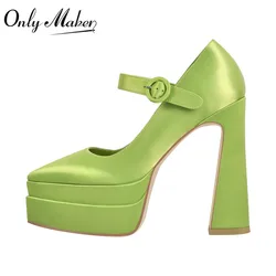 Onlymaker Women Platform Pointed Toe Pumps Chunky High Heels Ankle Strap Dress Party Dress Big Size Green Female Shoes