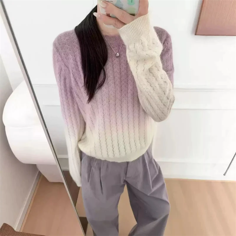 Autumn New Women Casual Simple Pullover Tops +Single Breasted Cardigan Vintage Gradient Color Sweater
