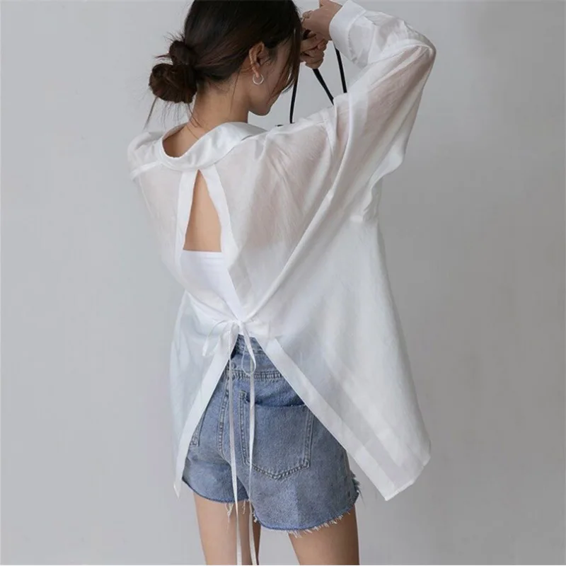 2024 Women's Summer Fashion Back Split Lace up Shirt Design Long sleeved Thin Shirt Loose Cover Up