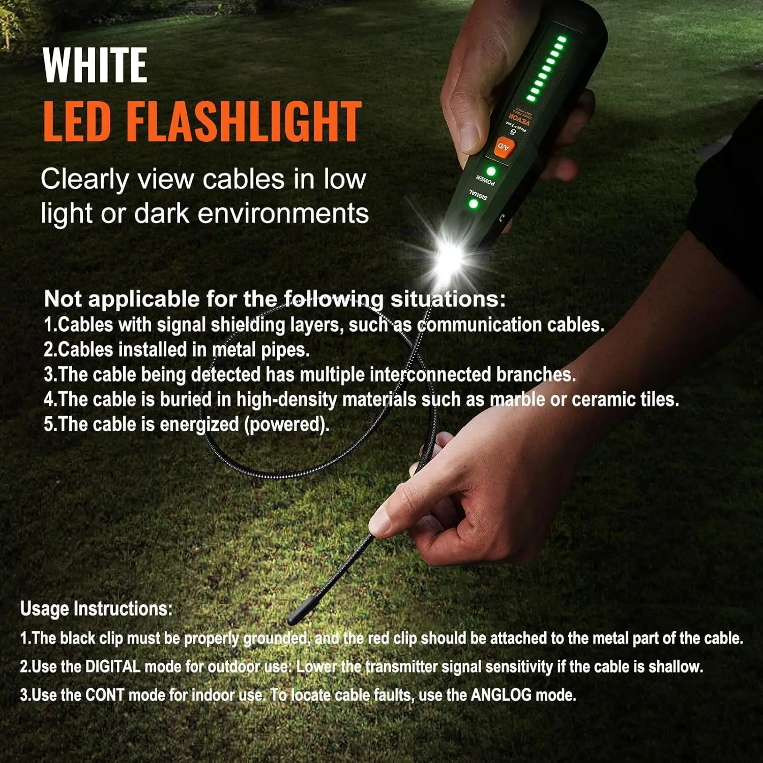 Underground Cable Locator, 6.5Ft Max Detection Depth Wire Tracer Break Detector Finder with Earphone, 3280Ft Max. Detection