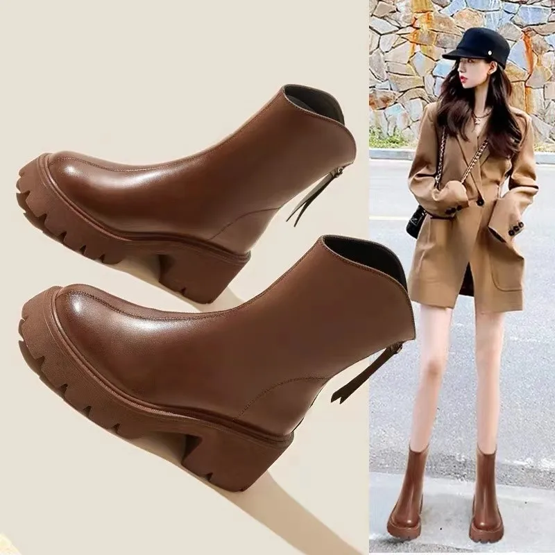 

2025 New Korean Style Chunky Heel Ankle Boots, Fashion Faux Leather Booties with Plush Lining, Warm Comfortable Casual Shoes