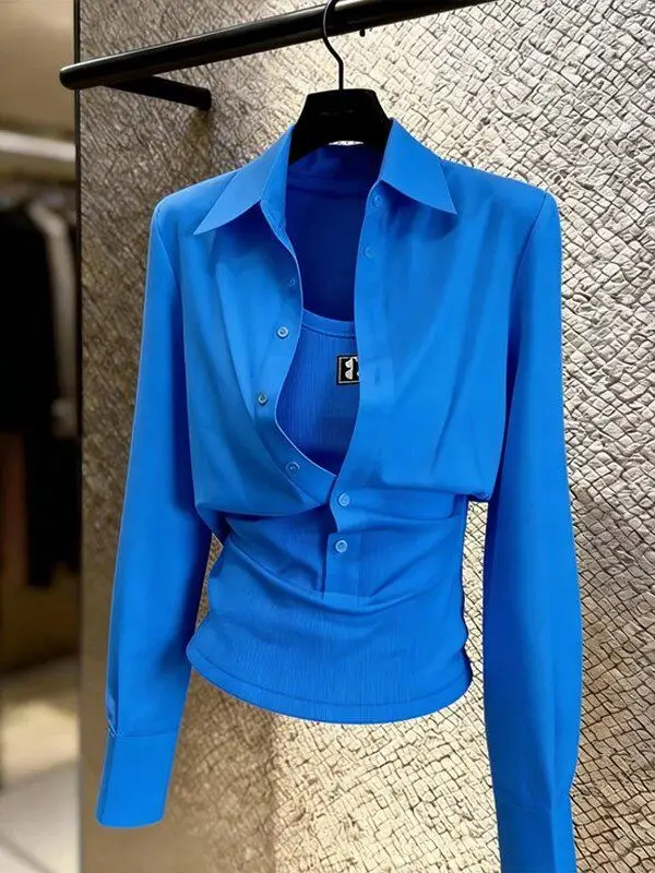 

Slimming Blue irt Korean Sle Faion Long Sve Collar Waist Cinched Fake Two-Piece Spring 2026 Women's Top