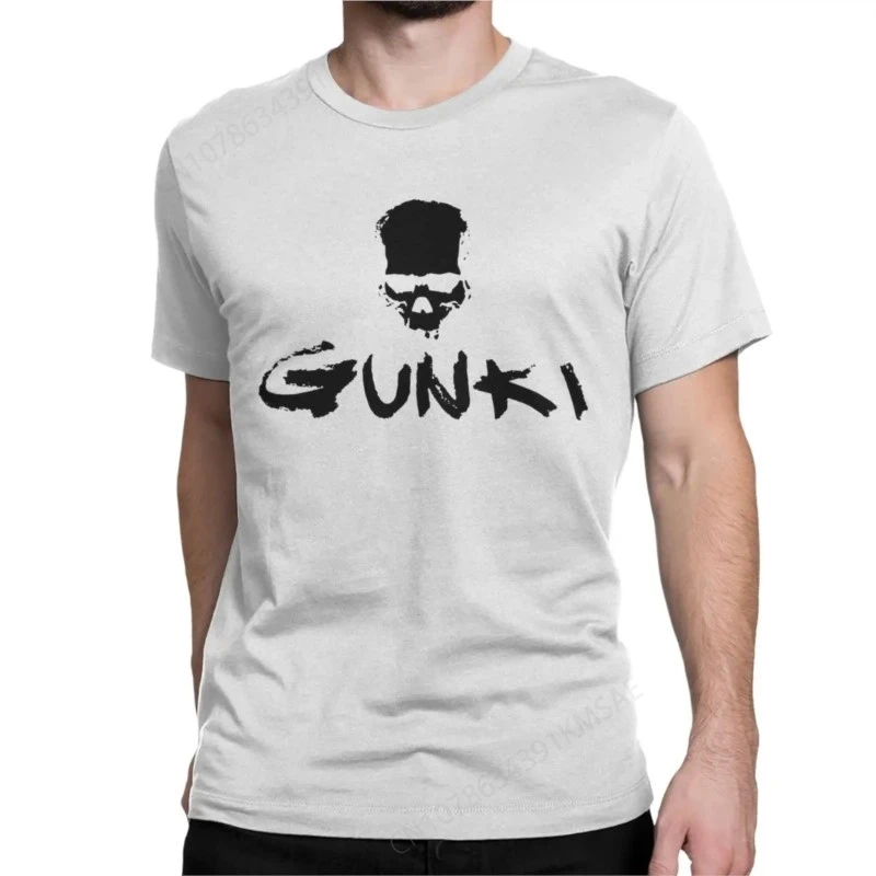 Camisetas divertidas de Gunki, camiseta de manga corta con cuello redondo, camisetas de algodón de talla grande, Logo de Gunki, calavera de pesca con caña para hombres y mujeres