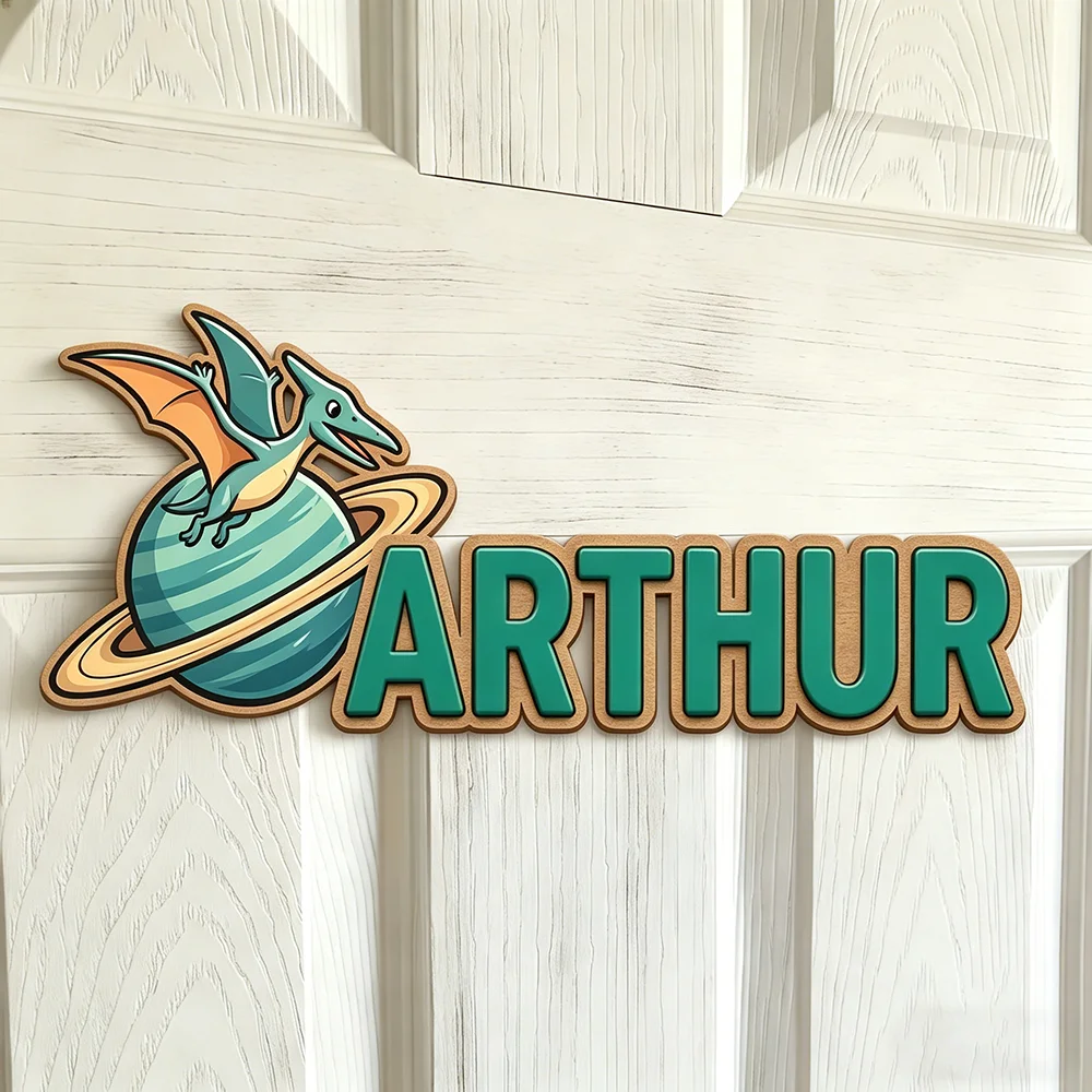 

Custom Cosmic Dinosaur Name Plaque, Wooden Kids Room Decor with Saturn Planet, Personalized Name Sign for Boys Girls Nursery
