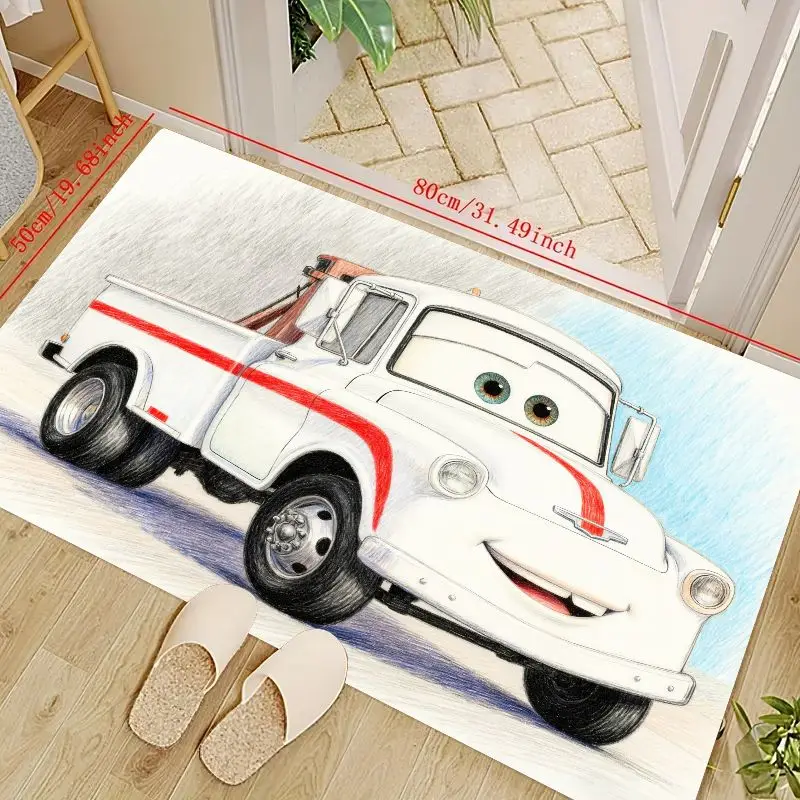 

1PC Cute Cartoon Tow Truck Car Floor Mat, White & Red Striped Animated Vehicle Area Rug, Non-Slip Soft Play Mat for Kids Room De
