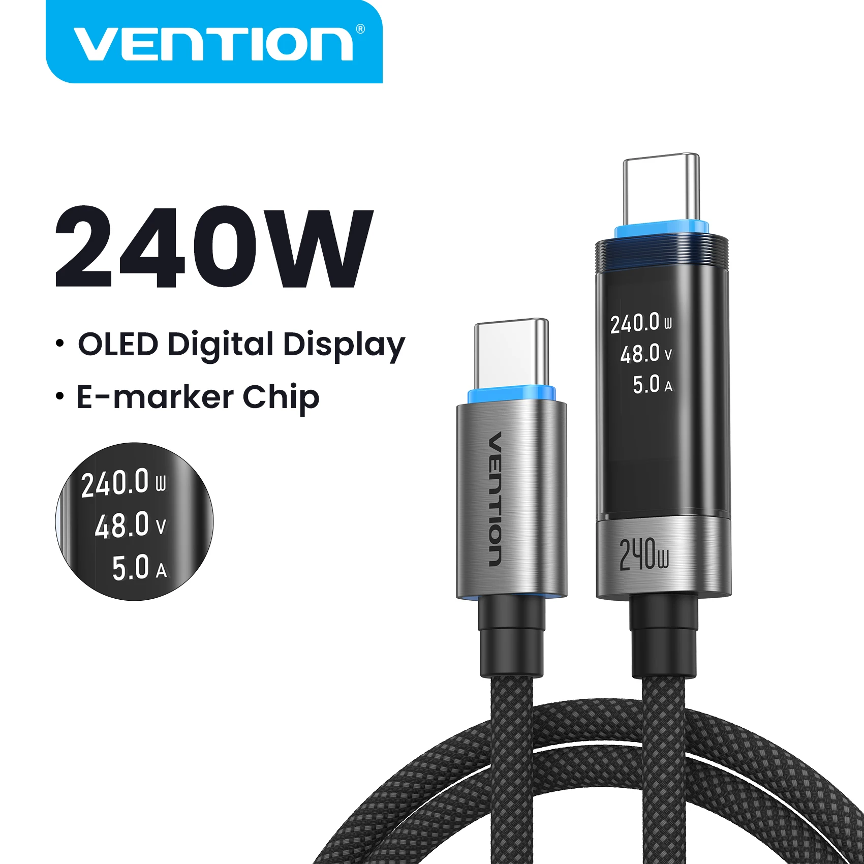 Vention PD240W USB C Cable Digital Display Type C Cable PD3.2 Cord for iPhone 17 16 Samsung S25 MacBook Laptop Fast Chargin Wire