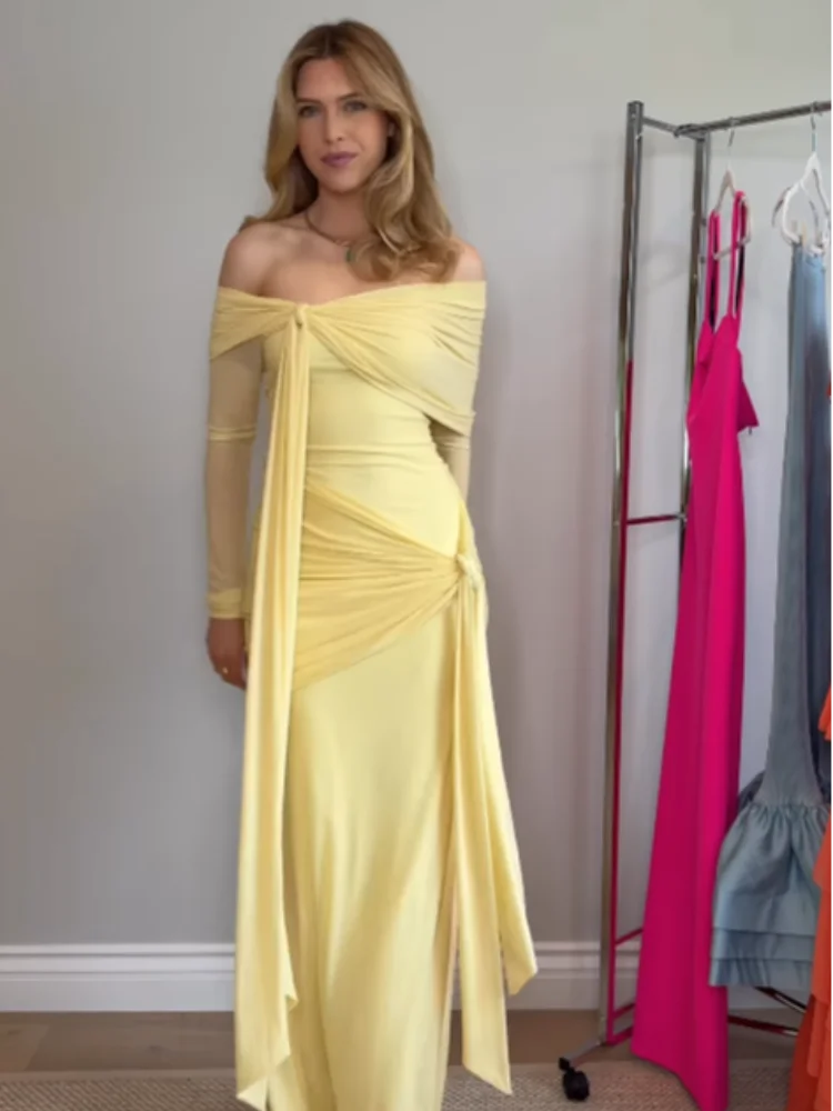Yellow Crepe Evening Dress Off The Shoulder Mermaid Formal Occasion Pleat Prom Party Gowns Customized Female Robe 2025