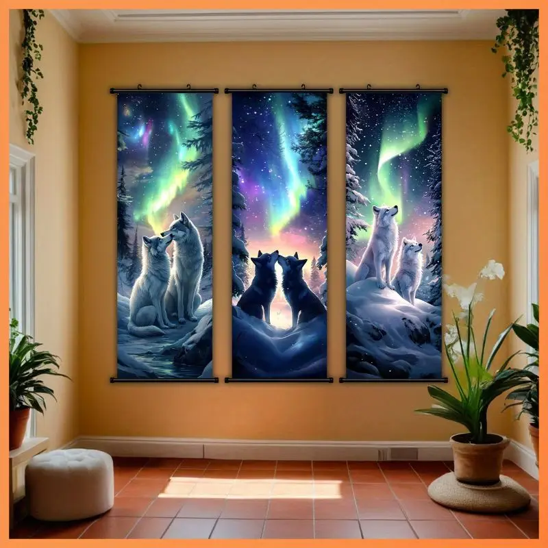 VIKAMA Aurora Canine Pack Wall Tapestry Snow White Wolf Northern Lights Forest Scroll Art Home Decor Modern Style Soft Durable