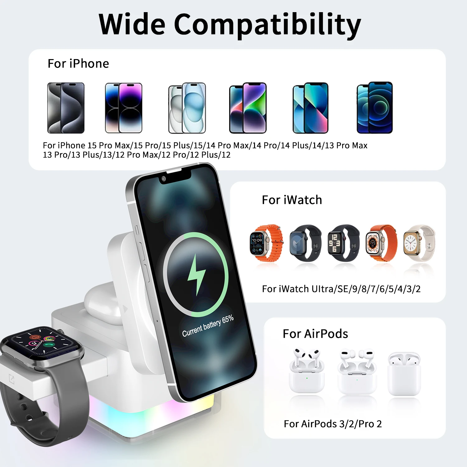 15W Fast Foldable Wireless Charger Suitable for iWatch Airpods Stand Suitable for IPhone 16 15 14 13 12 Pro Max Watch AirPo