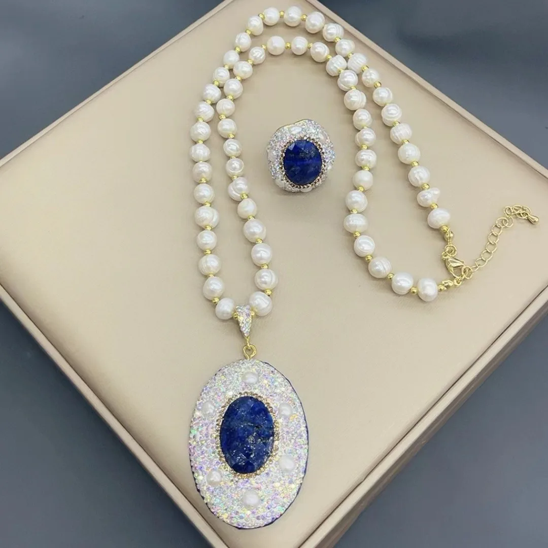 

Hot Sale Bluestone Necklace Ring Set Natural Freshwater Pearl Sweater Chain Inlaid Bead Accessories Necklace, Ring