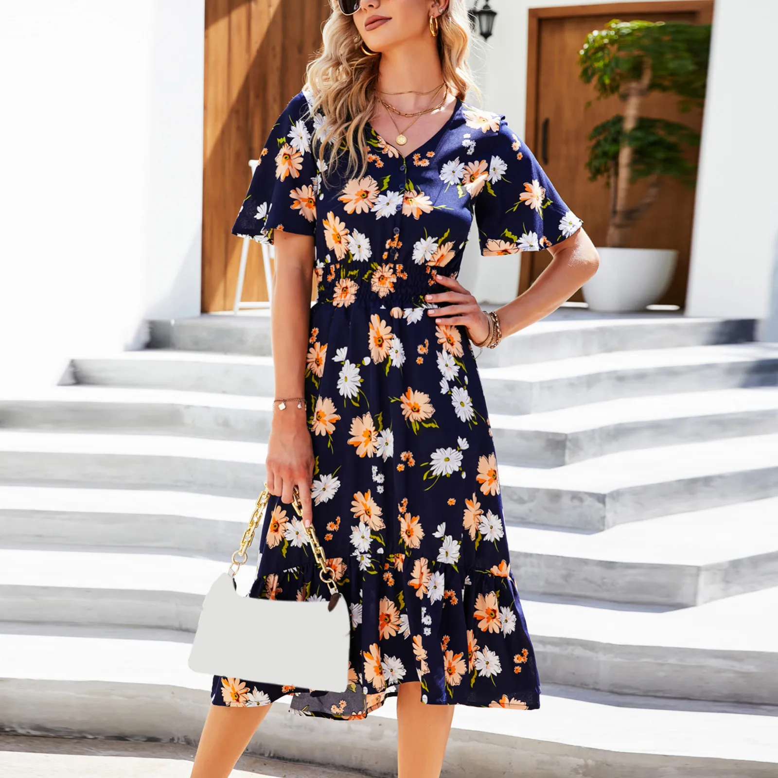 Women Casual Floral Print Bohemian Dress V Neck A-line Short Sleeve Dress Summer Beach Sweet Dresses Robe Longue Пляжное Платье