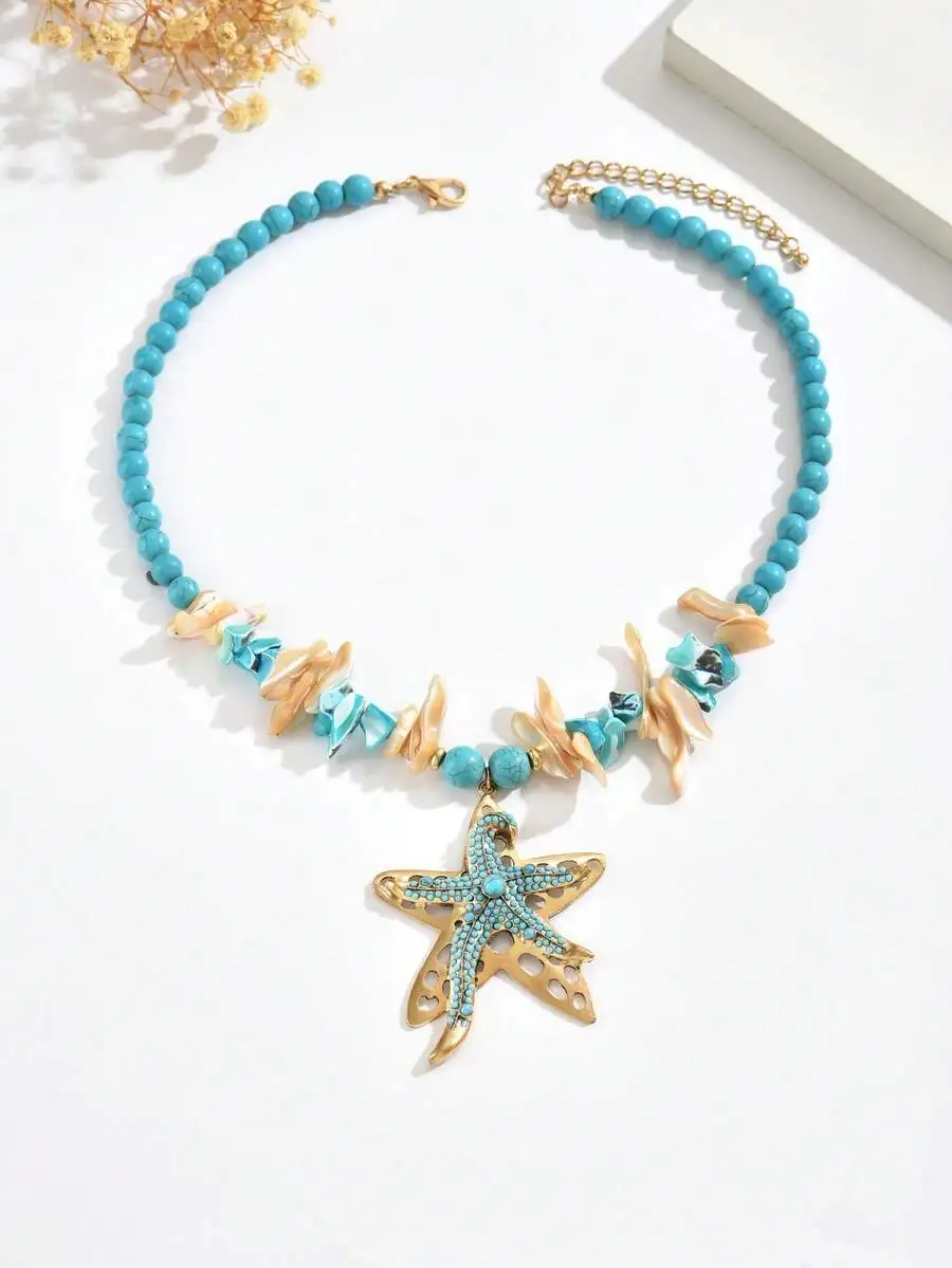 

Turquoise Beaded Asymmetrical Starfish Pendant Necklace Bohemian Style For Women Casual Holiday Wear