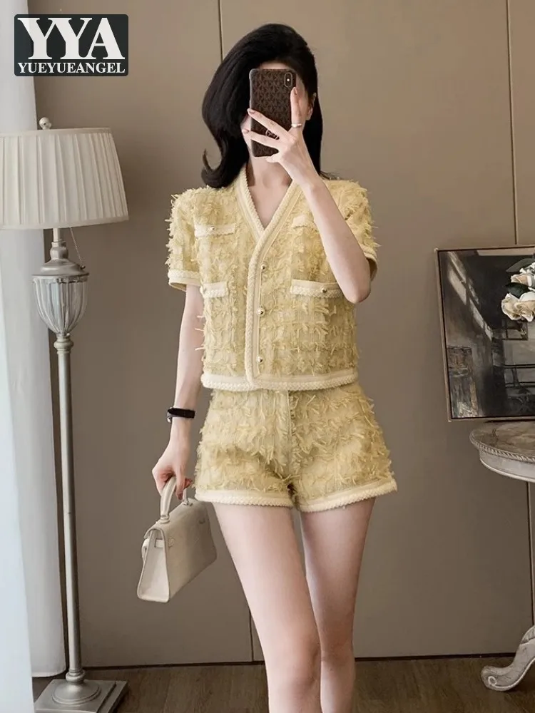 Women Summer Sweet Short Sleeve Coat Sets Elegant Tassels Woven Ribbon Ladies V-Neck Tops Outfits Mini Shorts Two Piece Set