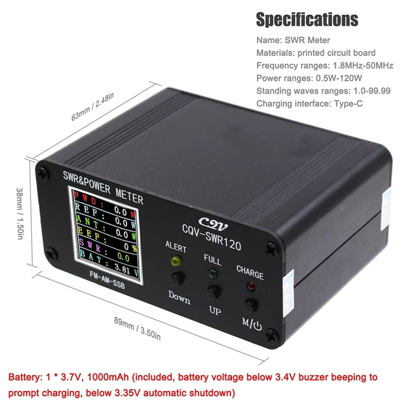 CQV-SWR120 120W SWR Wave Meter SWR Meter High Standing Wave Alarm Function 240 X 240 Full Color Display FM-AM-SSB