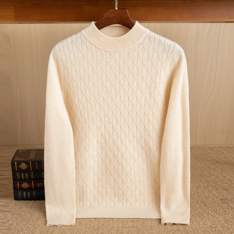 Business Casual Cashmere Sweater Men knitted Pullover Half Height Neck Long Sleeve Diamond Pattern style Anti pilling thick Tops