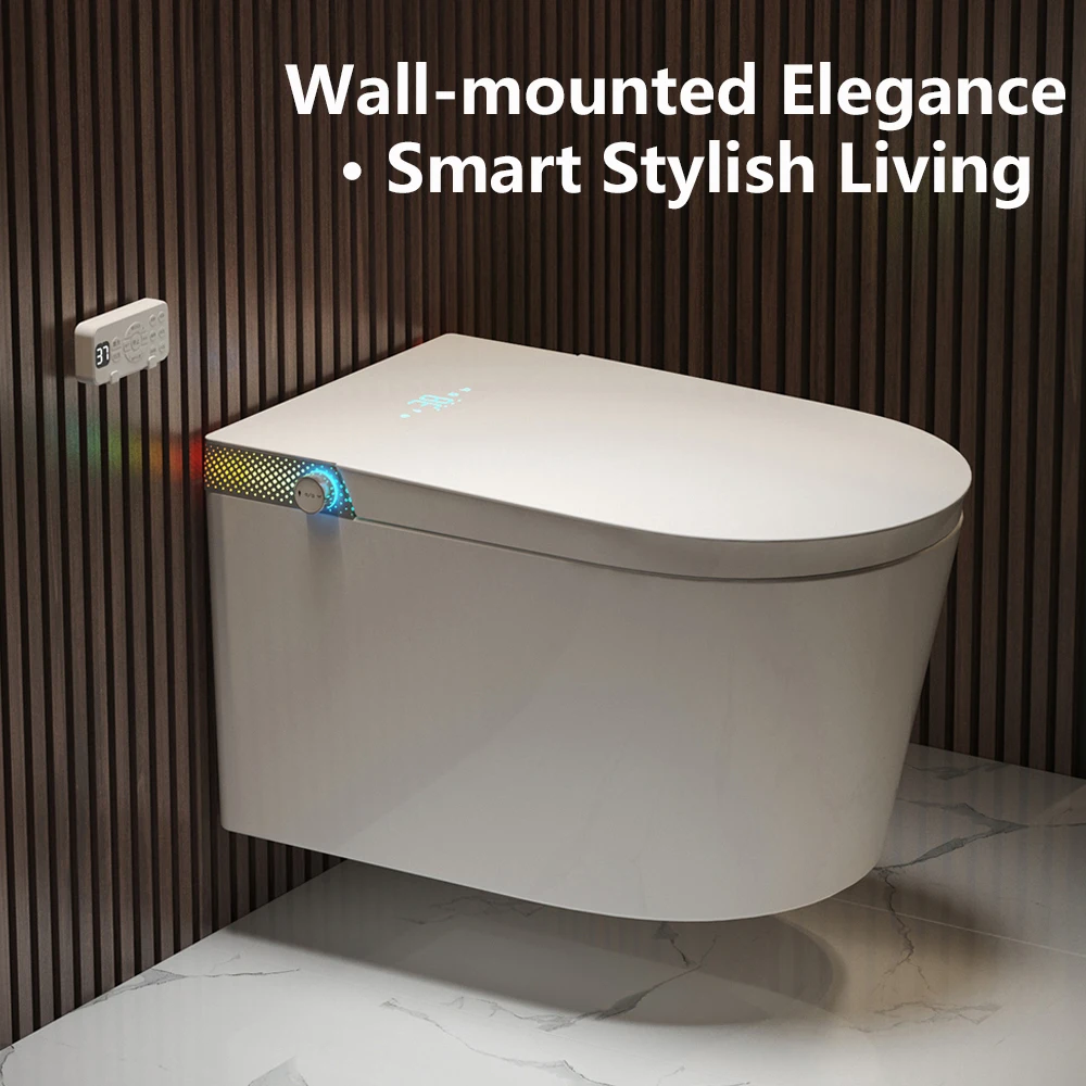 

Wall-mounted White Smart Toilet with Bidet Auto Dual Flush Tankless Toilet with Heated Seat Warm Water & Air Dryer LED Light WC