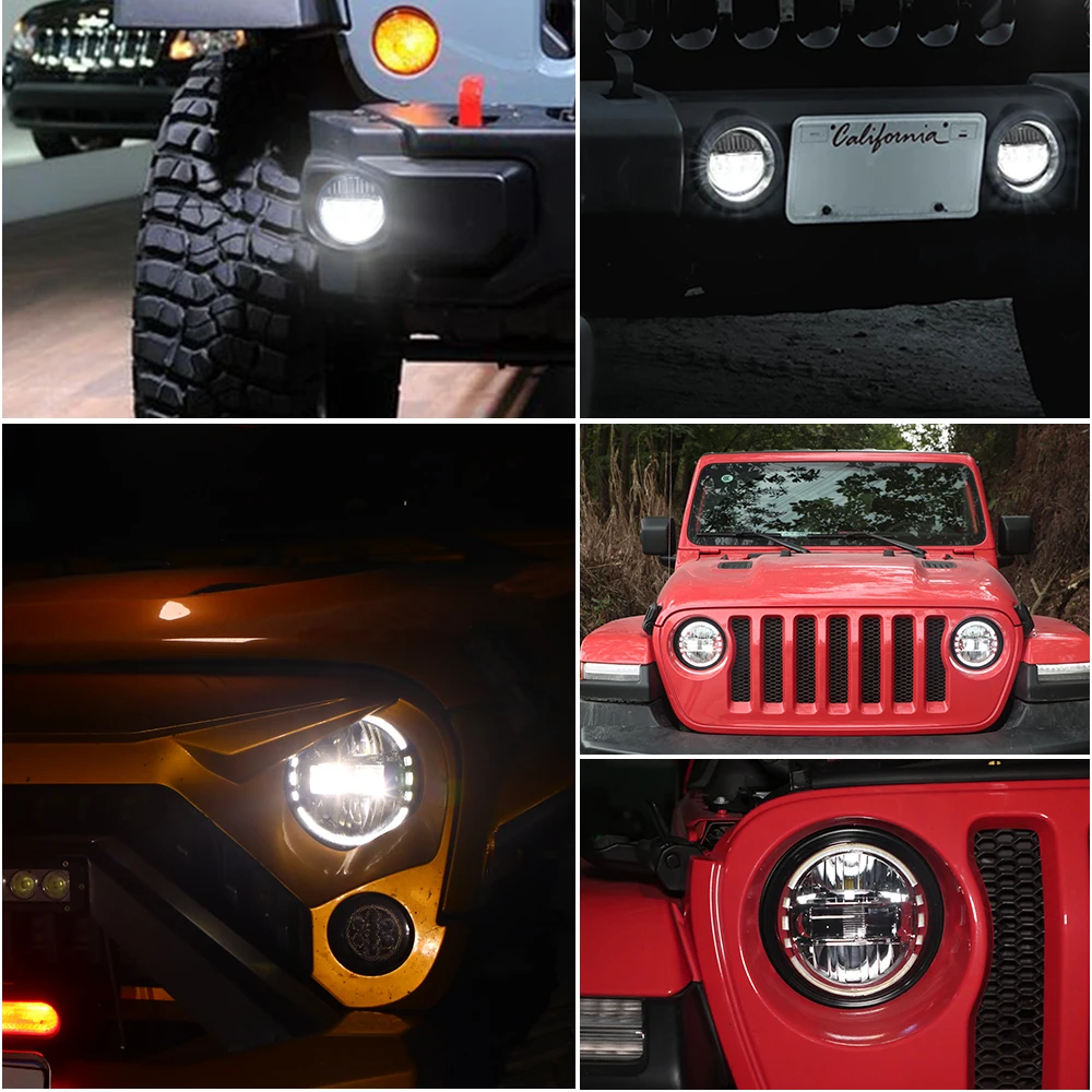 7 Inch LED Headlights Assembly with Hole DRL High Low Beam&4 Inch Fog Light Set For Jeep Wrangler JK 2007-2018 LJ CJ TJ 97-18