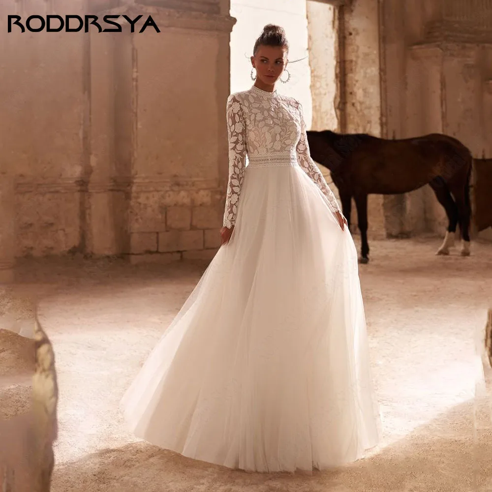 Roddsya musulmán vestido de novia sin encaje 2024 noviRODDRSYA-vestidos de novia musulmanes de encaje con Espalda descubierta, vestidos de novia bohemios con apliques de manga larga y cuello redondo, talla grande, 2024