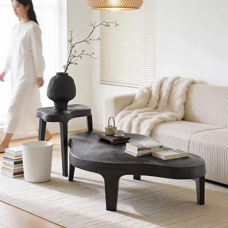 TT Wabi Sabi Antique Style Irregular Annual Ring Coffee Table Living Room Small Apartment Black Solid Wood Coffee Table