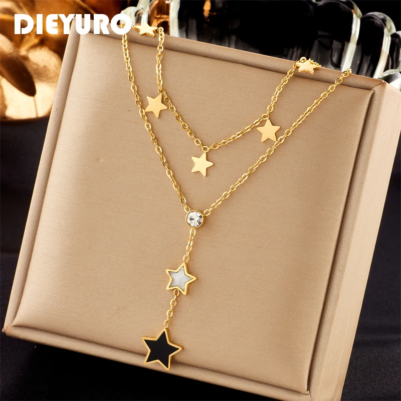 DIEYURO 316L Stainless Steel Black White Pentagram Star Long Pendant Necklace For Women New Girls Clavicle Chain Jewelry Gifts