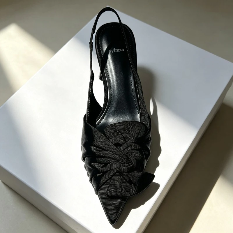 Elegant Bowknot Pointed Toe Pumps Women Slingbacks Sandals Shallow Designer Party Shoes Velvet Brand High Heels Women Mules - view 2
