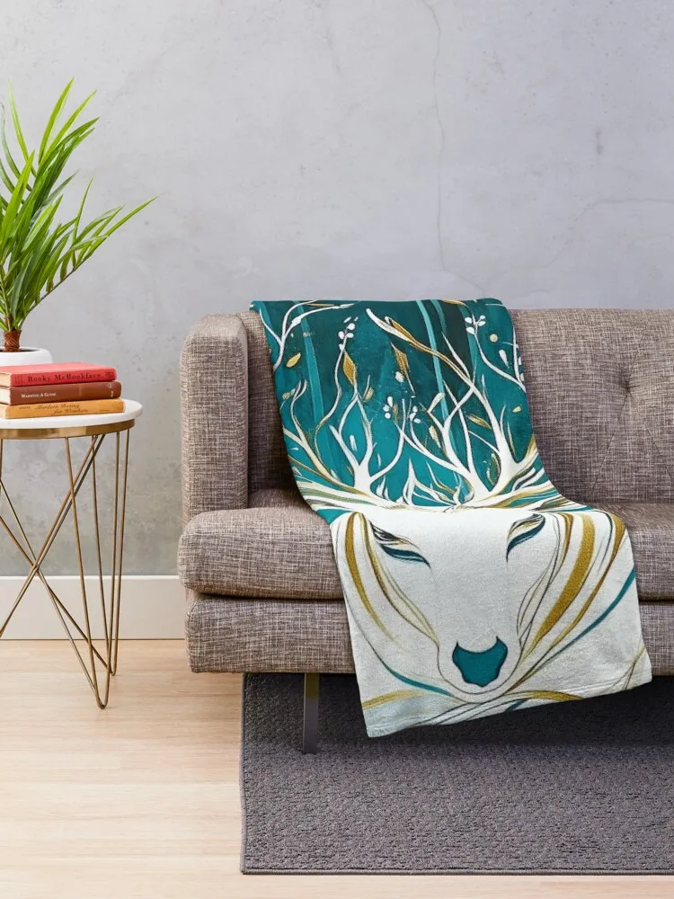 Abstract White Deer with Golden Antlers and Turquoise Background Throw Blanket Hair blankets and throws Blankets