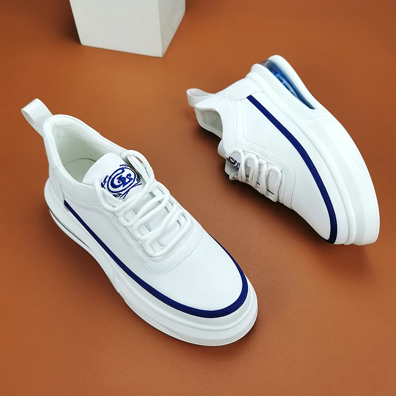 men's casual white genuine leather shoes lace-up flats platform shoe air cushion sneakers street style designer trendy footwear