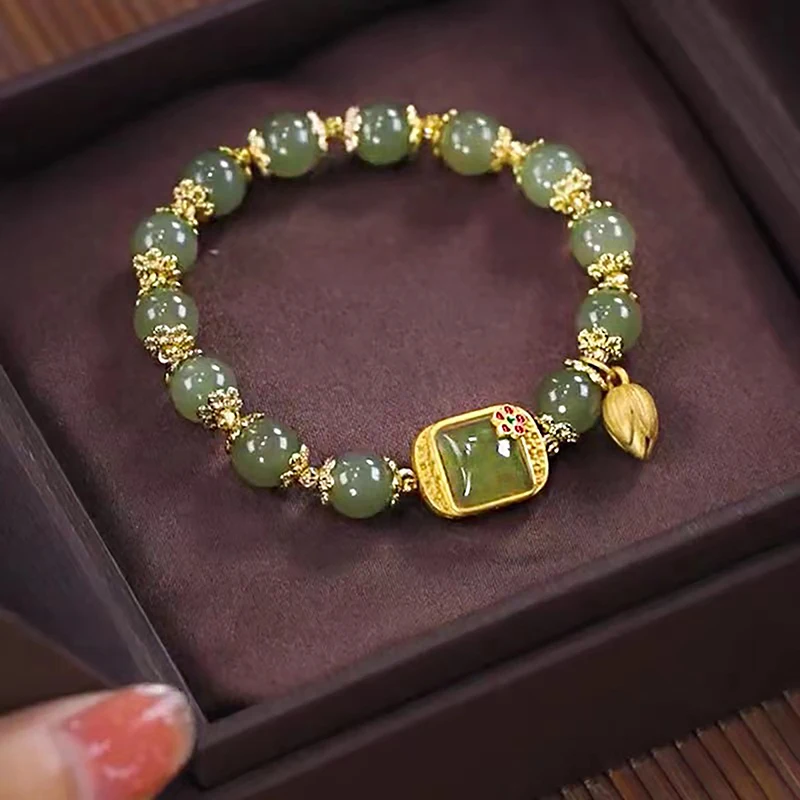(YOUR)Chinese Style High-grade Generous Light Luxury Auspicious Imitation Hetian Jade Square Sugar Lotus Flower Beaded Bracelet.