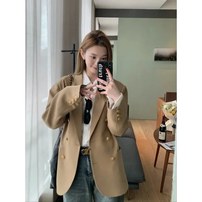 Insozkdg Autumn New Vintage Casual Short Double Breasted Blazer Suit Coat Commuting Solid Color Loose Metal Button Blazers Women