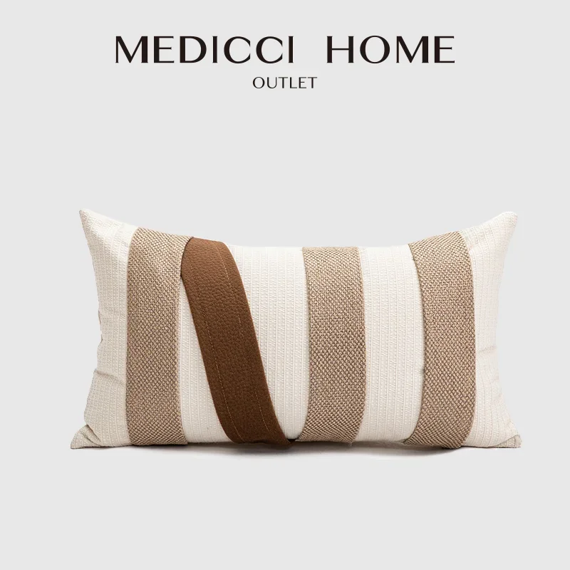 Medicci Home Cannes Style Home Decor Cushion Cover Cream Beige Brown Coffee Luxury Lumbar Pillow Case With Stripes Tie Up Design