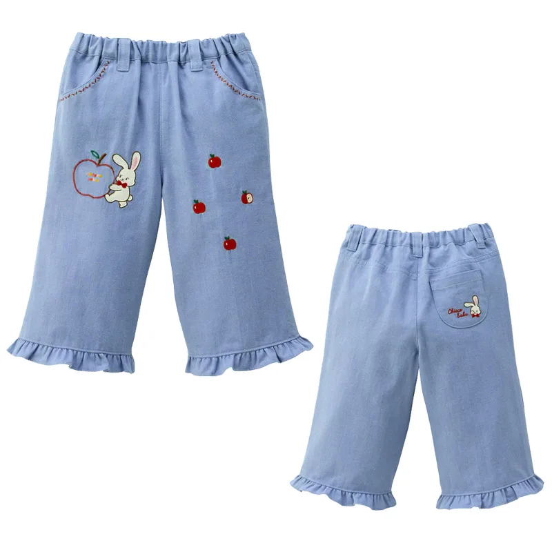 Girls Cute Casual Pants Spring Autumn Kids Japanese Style Cartoon Rabbit Apple Embroidery Lace Trim Toddler Girl Clothing