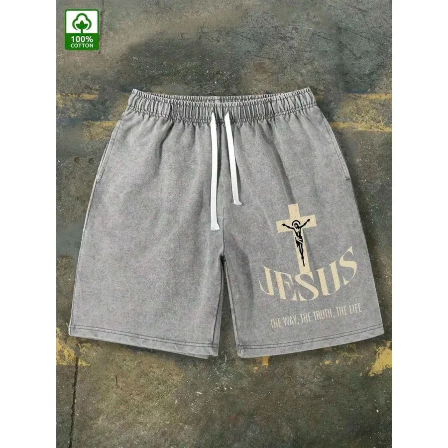 

Мужские летние шорты 290 г с принтом «Истина Иисуса», винтажные, повседневные, для уличного стиля и спорта, комфортные и дышащие