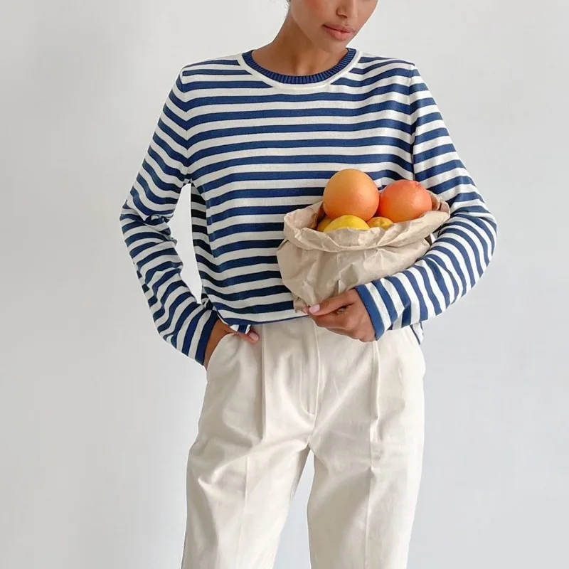 Talenza 여성 패션 풀오버 빈티지 스트라이프 대비 캐주얼 바텀 스웨터 스웨터 오피스 레이디 스트리트웨어 루즈 여성 스웨터