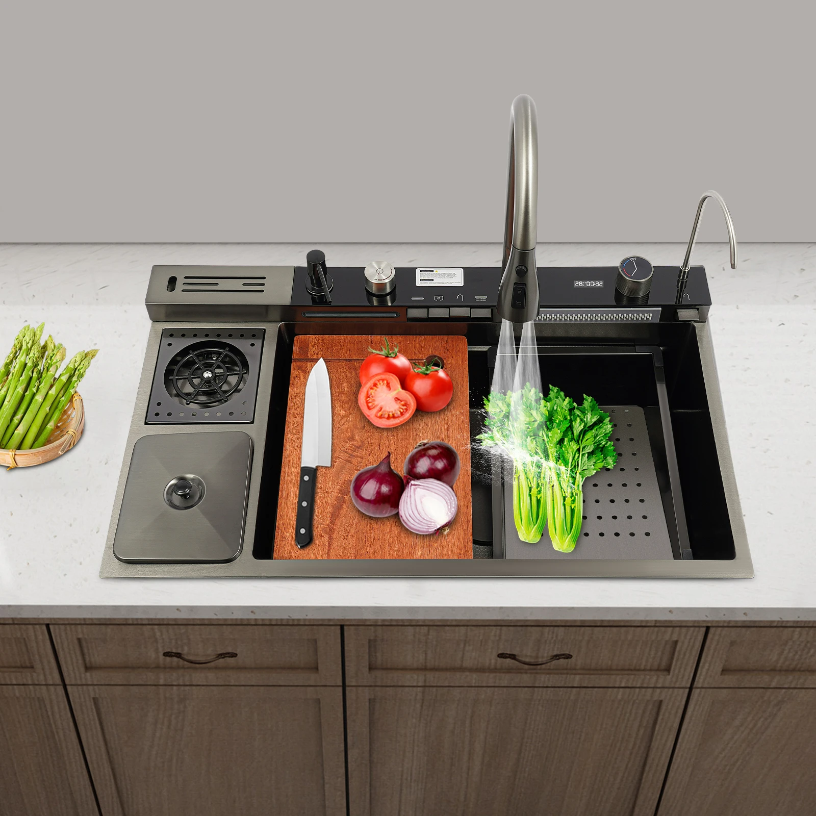 Waterfall Kitchen Sink 304 Stainless Steel Kitchen Sink 820*480mm Multifunctional Digital Display Modern Nano Black  Counter Top