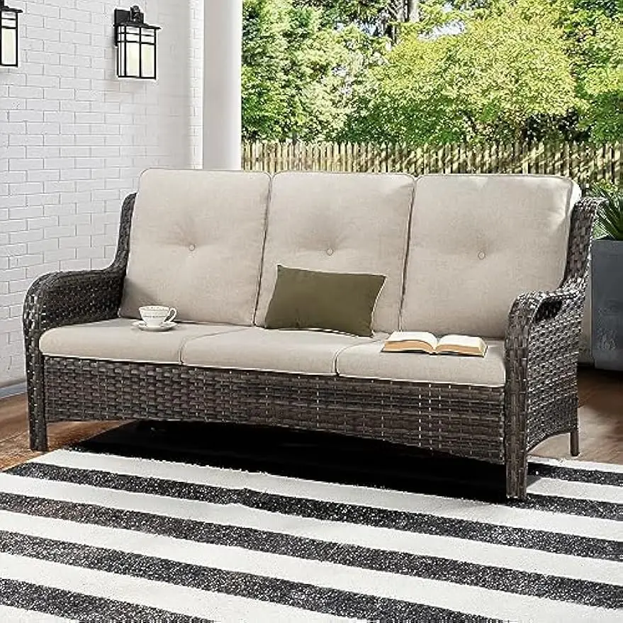 Outdoor Patio Couch Wicker Sofa - 3 Seater Rattan Sofa for Outside Patio Garden with Deep Seating and Olefin Cushions