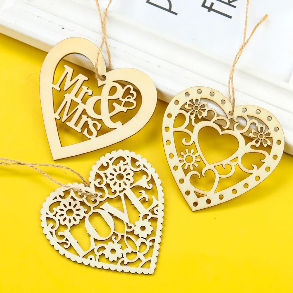 8cm Natural Wood Laser Cut Hollow Out Heart Love Hanging Wedding Ornament Wall Home Decor Couple Valentine's Day Fastival Gift