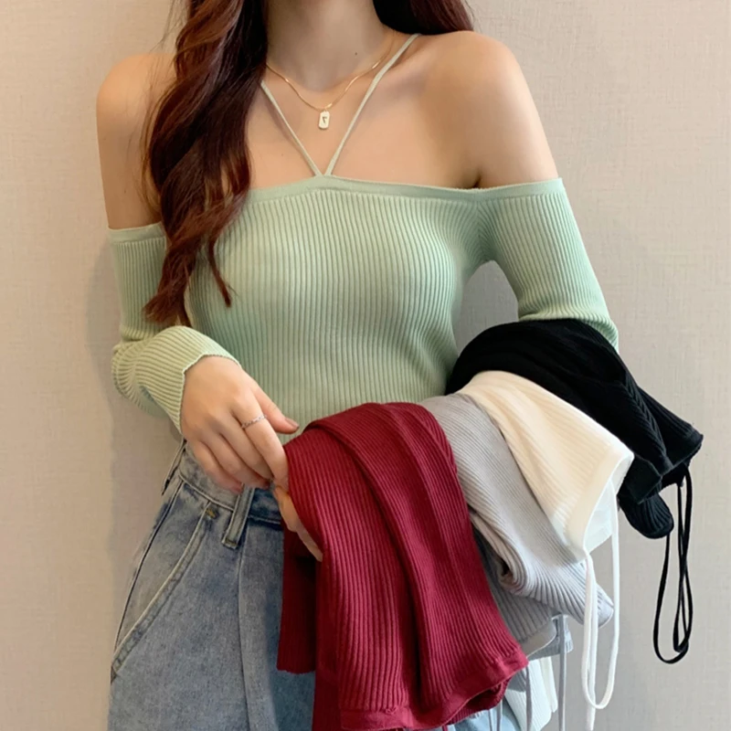 Cropped Sweaters Without Shoulder Halter Sweater Slim Long Sleeve Top Female Black Knitted Tops Solid Girl Winter Woman Clothes