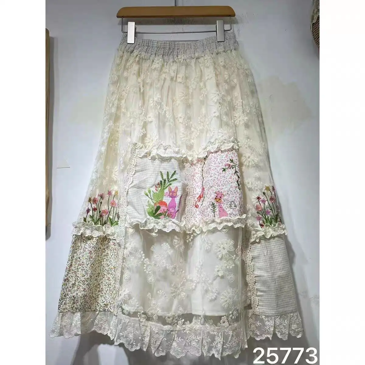 

Sweet Lace Spliced Embroidery Skirts Women Vintage Cotton Linen Elastic Waist Casual Japanese Mori Girl Pleated A-Line Skirt