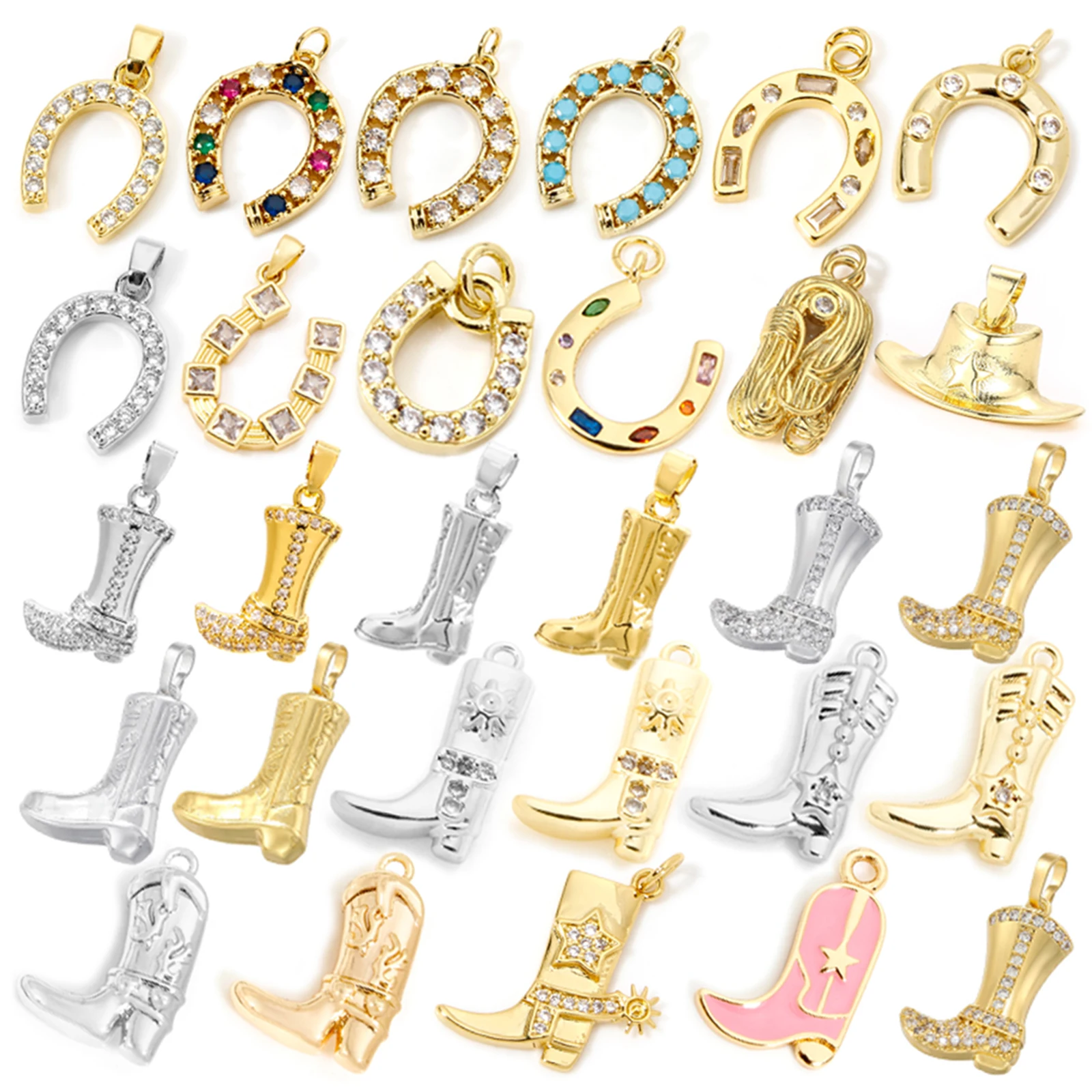 1/2 piezas de latón West Cowboy dijes colgantes 18K Color oro botas herradura para hacer bricolaje suministro collar joyería hallazgos