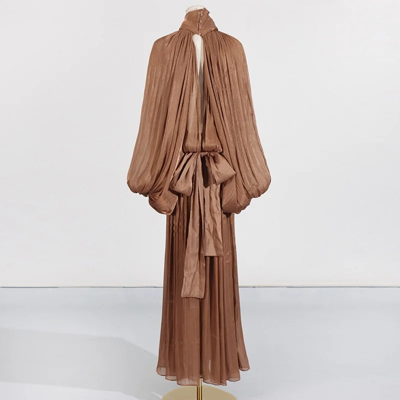 فستان أنيق مطوي ملابس الخريف للنساء بأكمام تشبه جناح الخفّاش فساتين طويلة بدون ظهر للسهرات والحفلات الراقصة فستان الحفلات والنوادي رداء نسائي