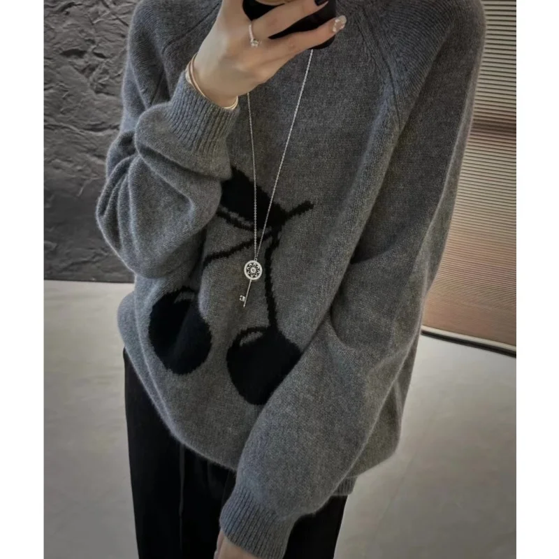 Autumn Winter New Sweater 100% Wool Women\'s Clothing Fashion Embroidery Round Neck Knitted Pullover Casual Loose Korean Tops