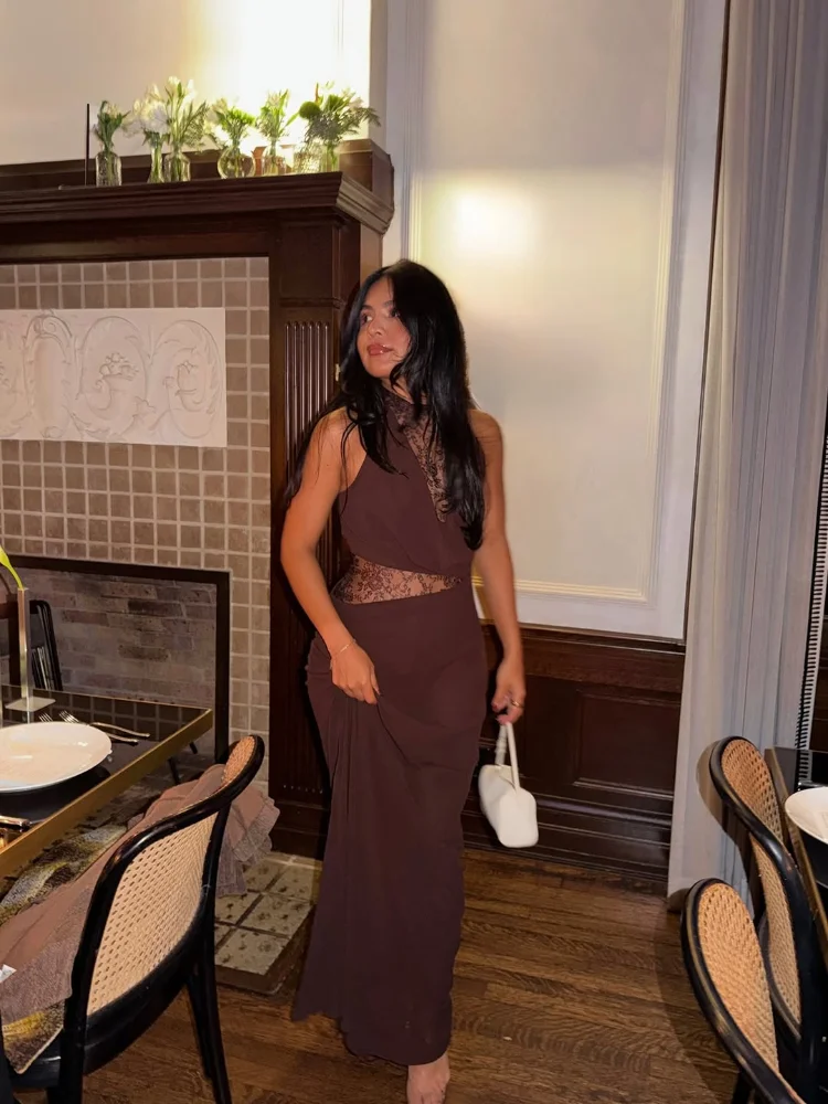 

Элегантное красно-коричневое лоскутное плиссированное платье без рукавов, женские модные облегающие платья 2026, весеннее женское вечернее платье