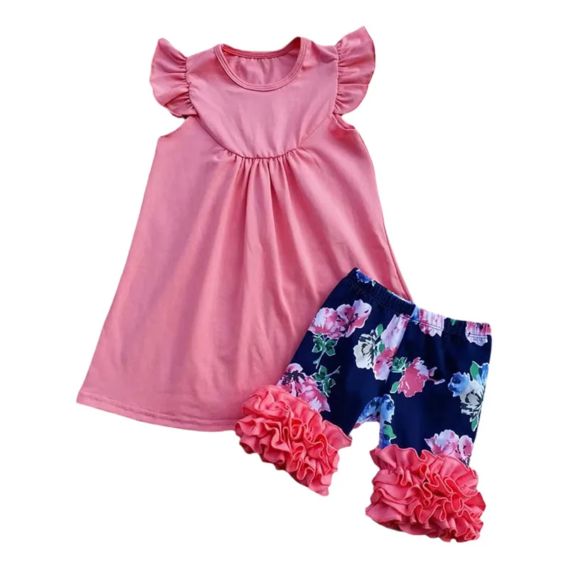 2PCS Toddler Girls Outfits Set Ruffle Sleeve Solid Top Matching Icing Shorts Little Kids 100% Cotton Clothing Set